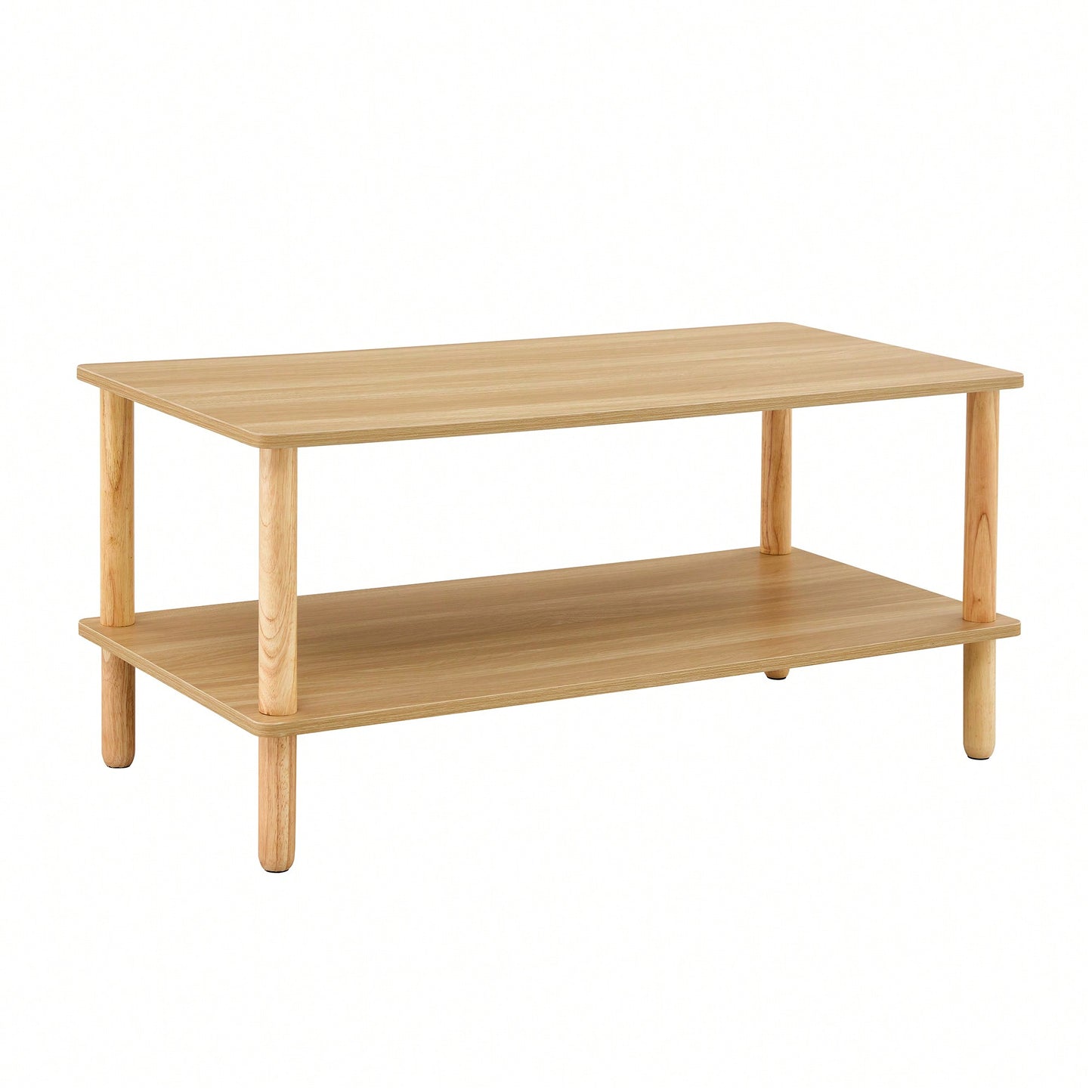 Stylish Rectangular 2-Tier Coffee Table For Living Room With Open Storage Shelf And Durable Rounded Rubberwood Legs