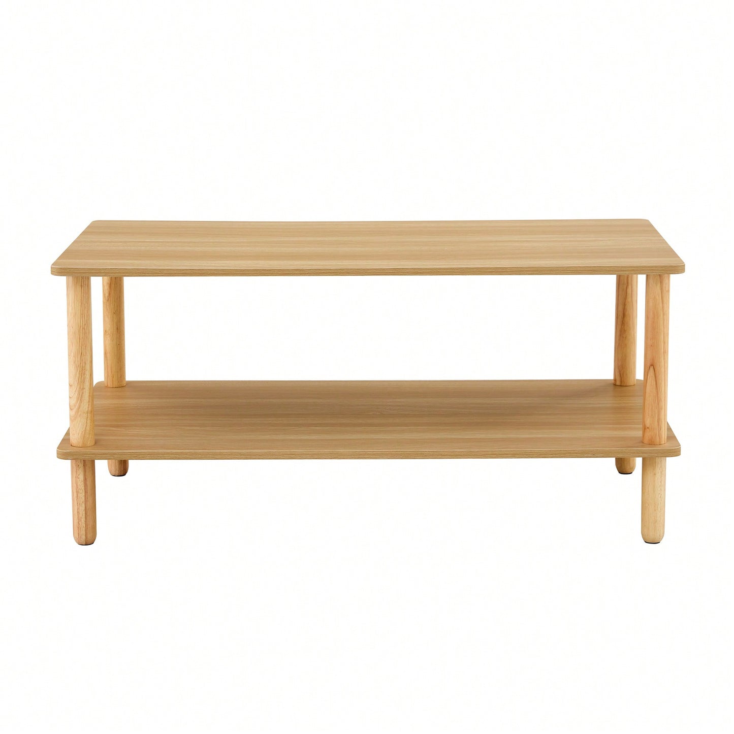 Stylish Rectangular 2-Tier Coffee Table For Living Room With Open Storage Shelf And Durable Rounded Rubberwood Legs