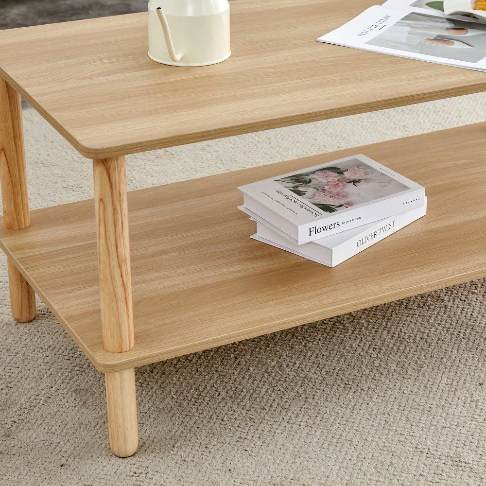 Stylish Rectangular 2-Tier Coffee Table For Living Room With Open Storage Shelf And Durable Rounded Rubberwood Legs