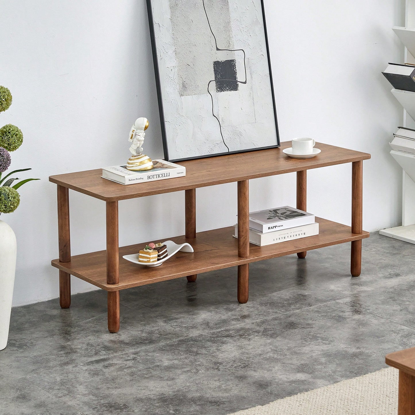 Modern Rectangular 2-Tier TV Stand With Open Storage Shelf And Rounded Rubberwood Legs For Living Room Furniture