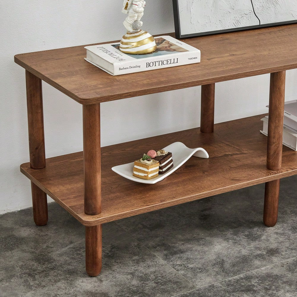 Modern Rectangular 2-Tier TV Stand With Open Storage Shelf And Rounded Rubberwood Legs For Living Room Furniture