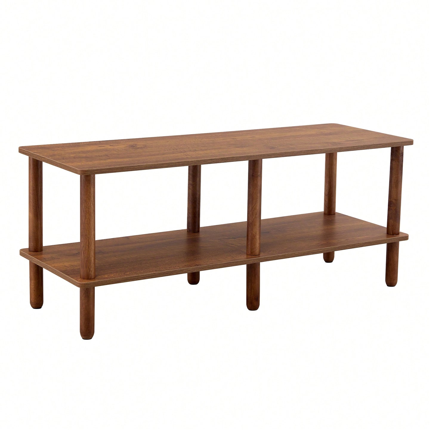 Modern Rectangular 2-Tier TV Stand With Open Storage Shelf And Rounded Rubberwood Legs For Living Room Furniture