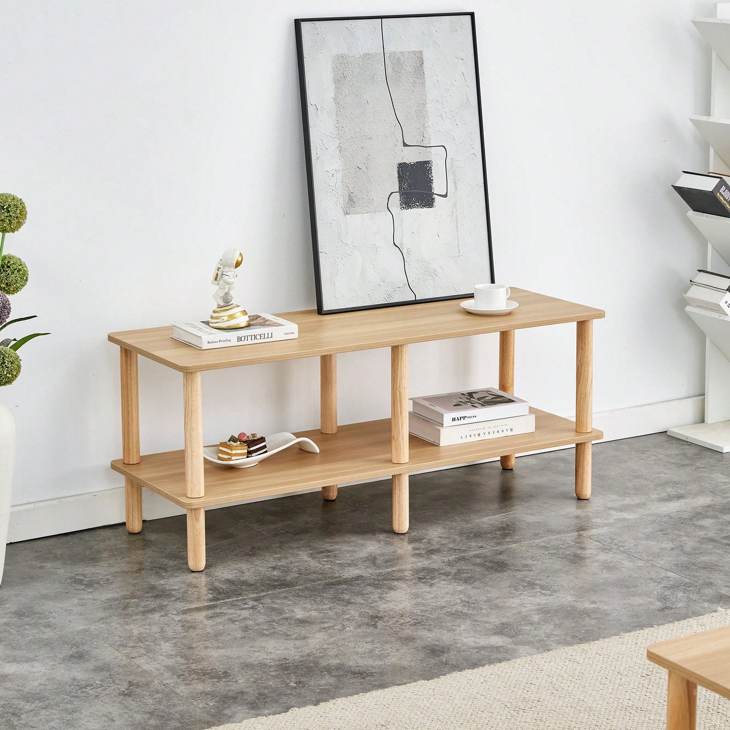 Modern Rectangular 2-Tier TV Stand With Open Storage Shelf And Rounded Rubberwood Legs For Living Room Furniture