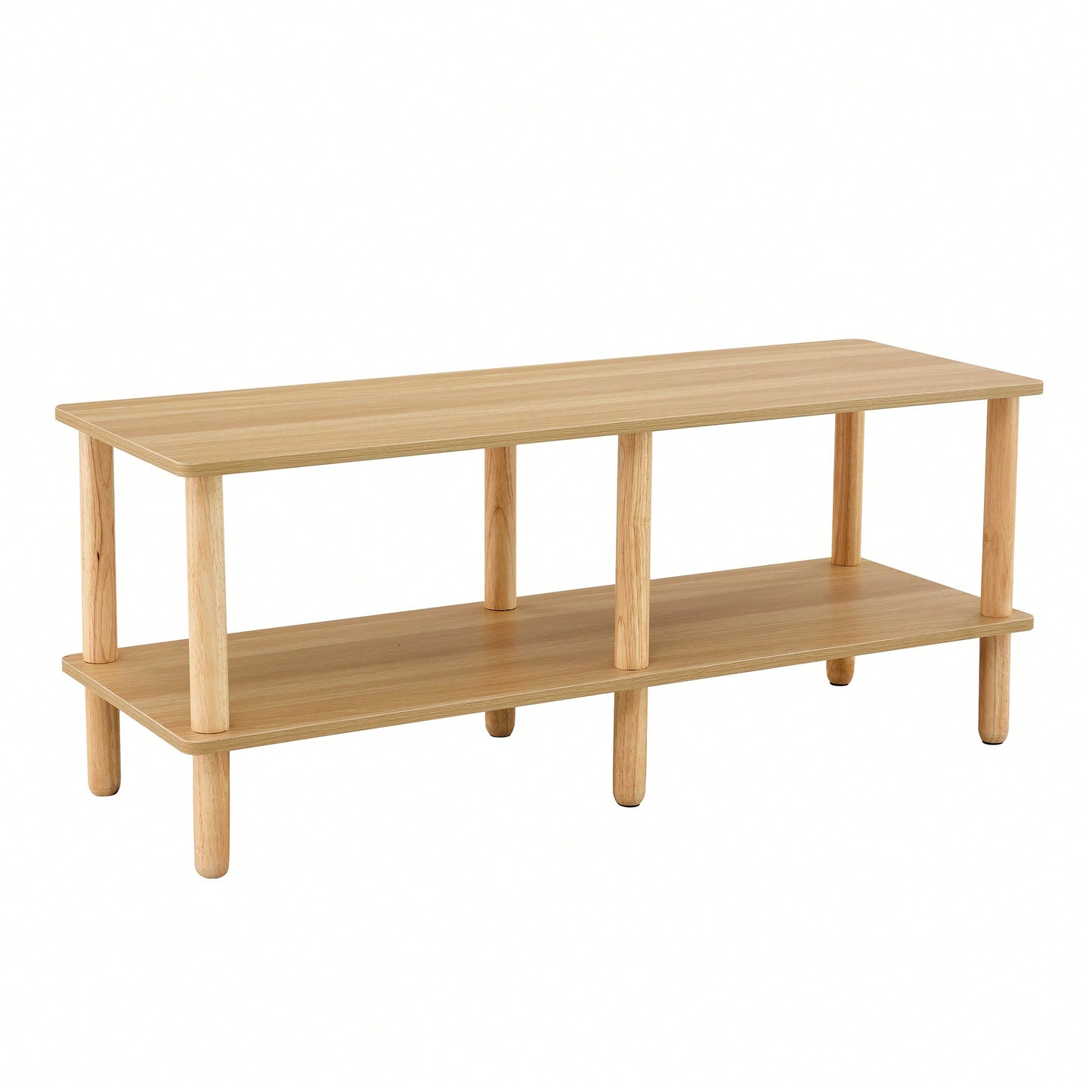 Modern Rectangular 2-Tier TV Stand With Open Storage Shelf And Rounded Rubberwood Legs For Living Room Furniture