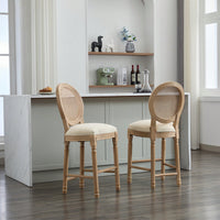 Classic French Country Solid Wood Bar Stools Set Of 2 With Upholstered Seating For Kitchen Counter Beige Rattan