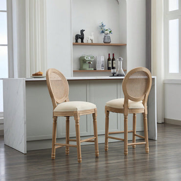 Classic French Country Solid Wood Bar Stools Set Of 2 With Upholstered Seating For Kitchen Counter Beige Rattan