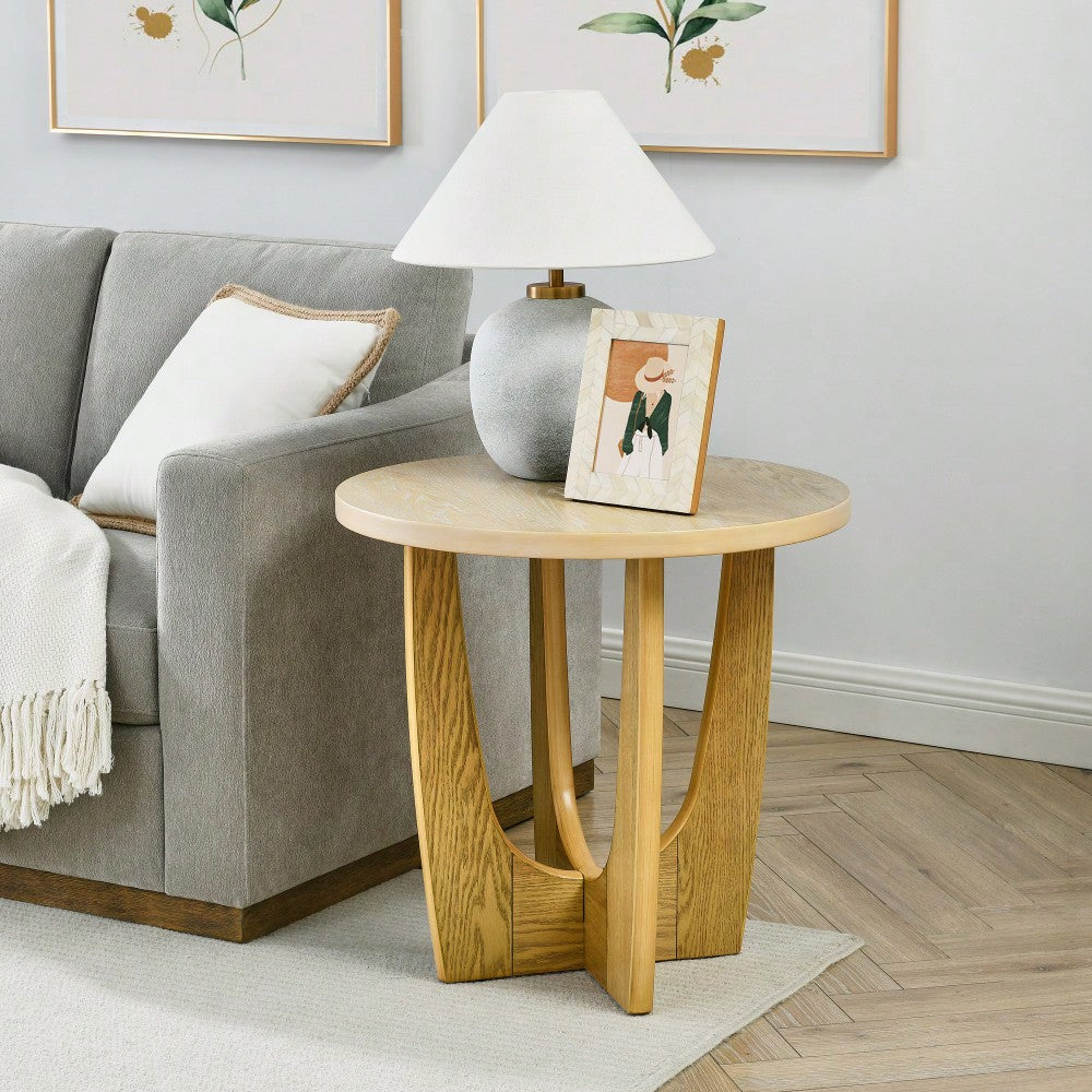 25 Inch Round Wooden End Table For Living Room And Bedroom Oak Color Nightstand