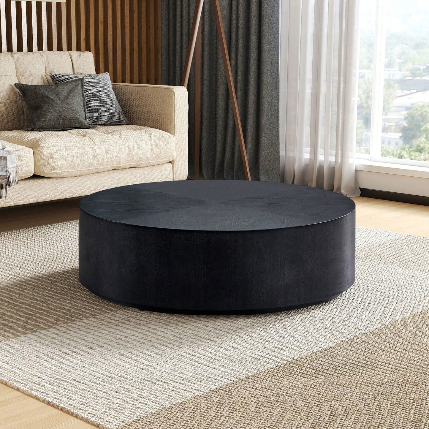 Modern Round Coffee Table For Living Room MDF Drum Center Table Walnut Finish No Assembly Required