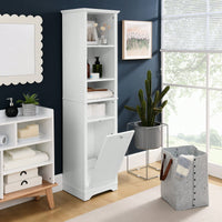 Tall Bathroom Storage Cabinet with Adjustable Shelves and Laundry Hamper Versatile Organizer for Small Spaces in White Finish