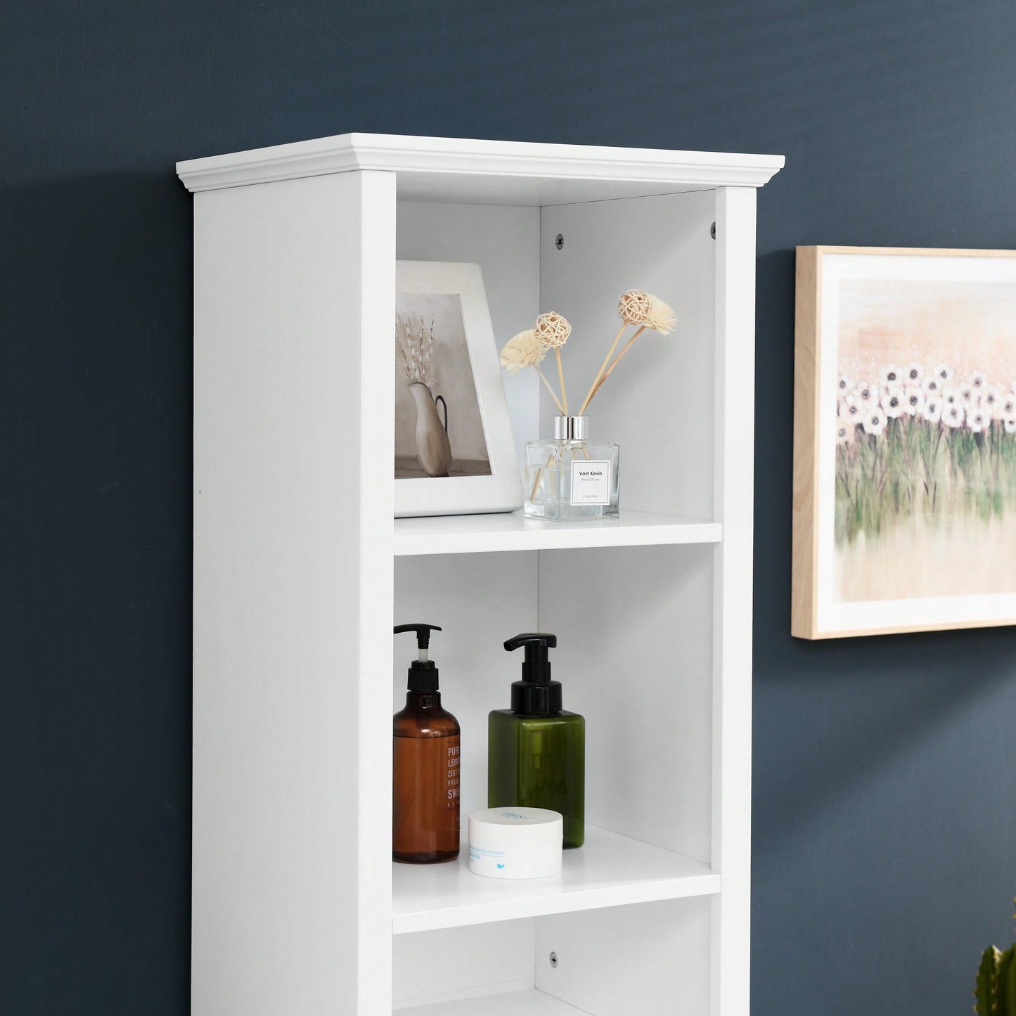 Tall Bathroom Storage Cabinet with Adjustable Shelves and Laundry Hamper Versatile Organizer for Small Spaces in White Finish