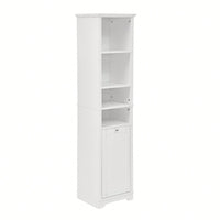 Tall Bathroom Storage Cabinet with Adjustable Shelves and Laundry Hamper Versatile Organizer for Small Spaces in White Finish