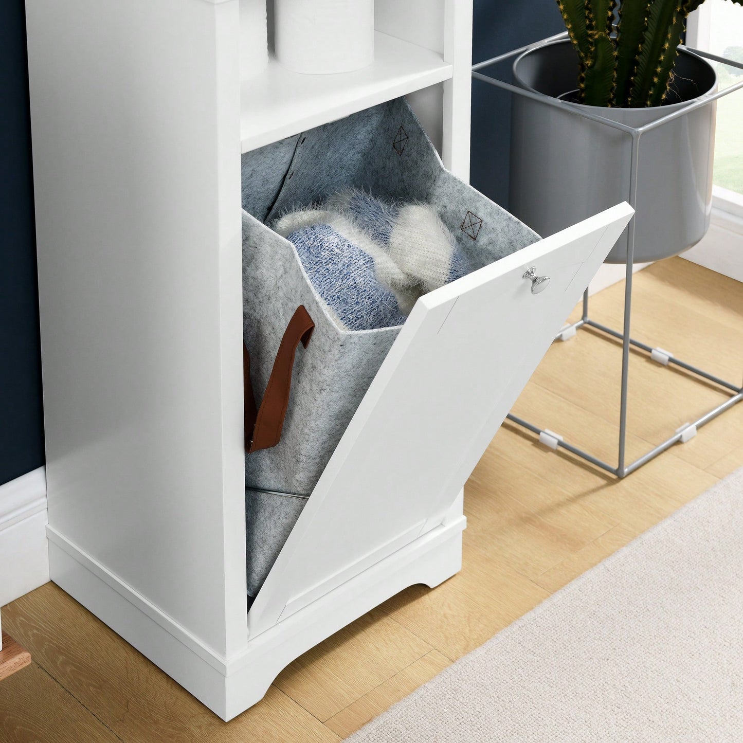 Tall Bathroom Storage Cabinet with Adjustable Shelves and Laundry Hamper Versatile Organizer for Small Spaces in White Finish