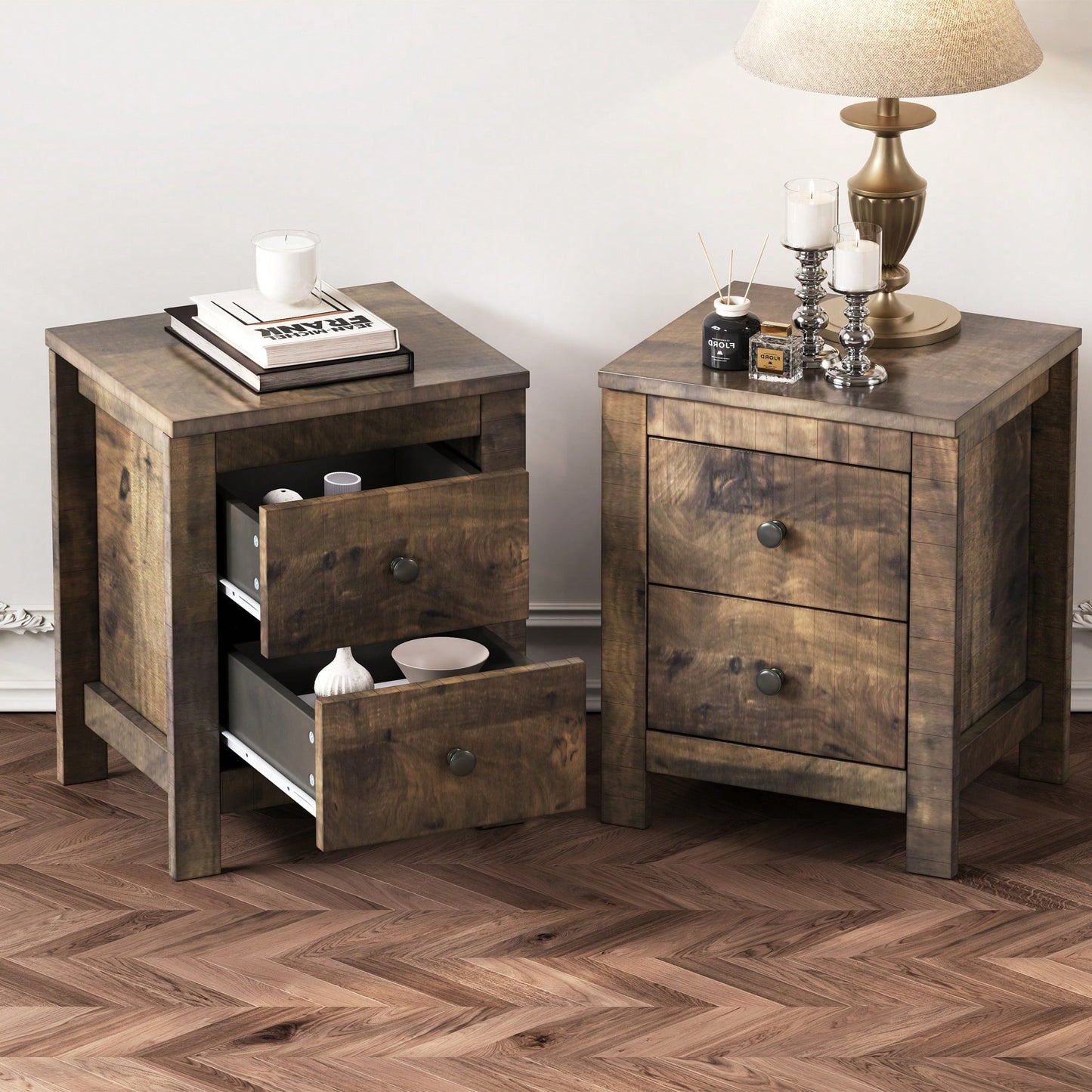 Rustic Wooden Nightstand Set Of 2 With Storage Cabinet For Bedroom Antique Walnut Finish