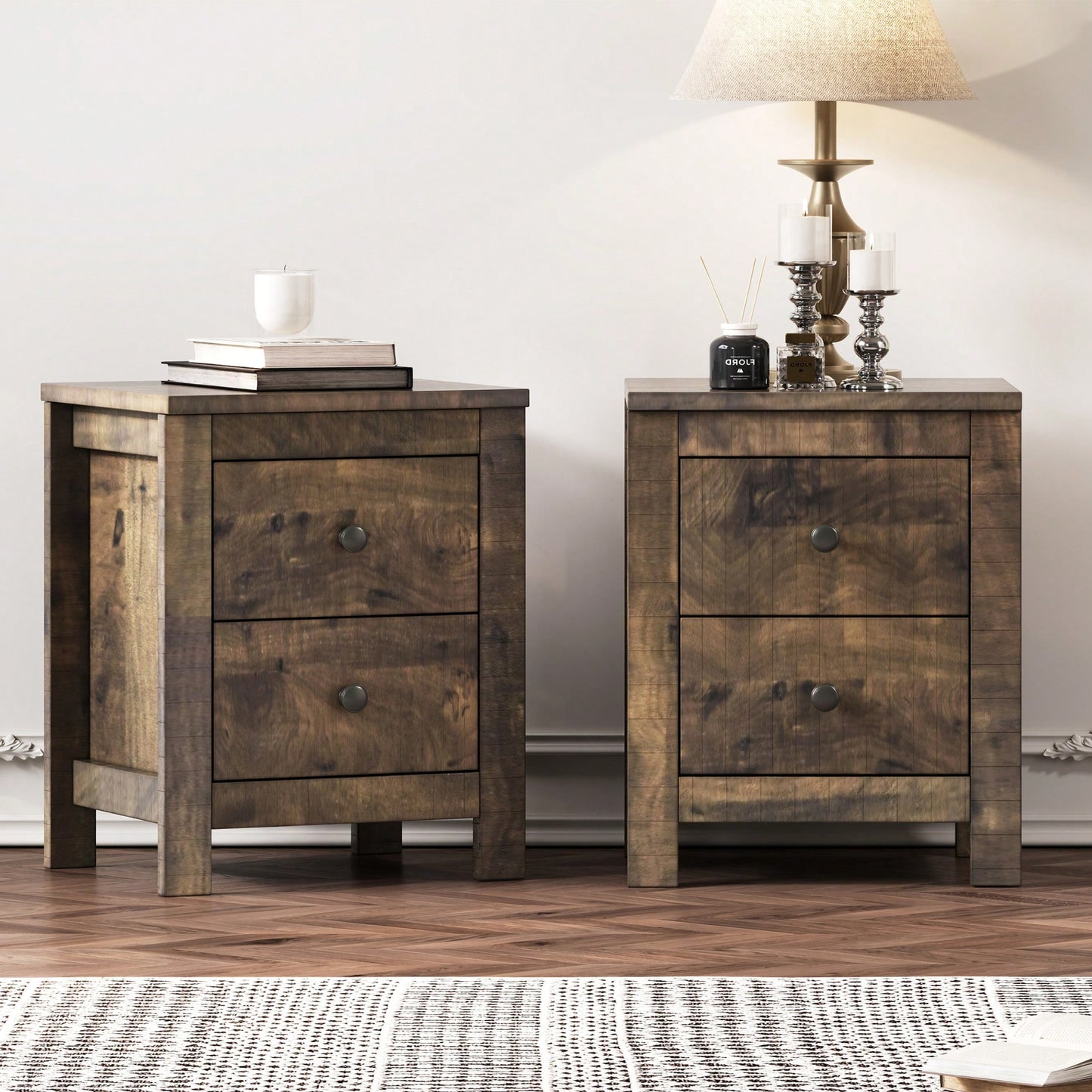 Rustic Wooden Nightstand Set Of 2 With Storage Cabinet For Bedroom Antique Walnut Finish