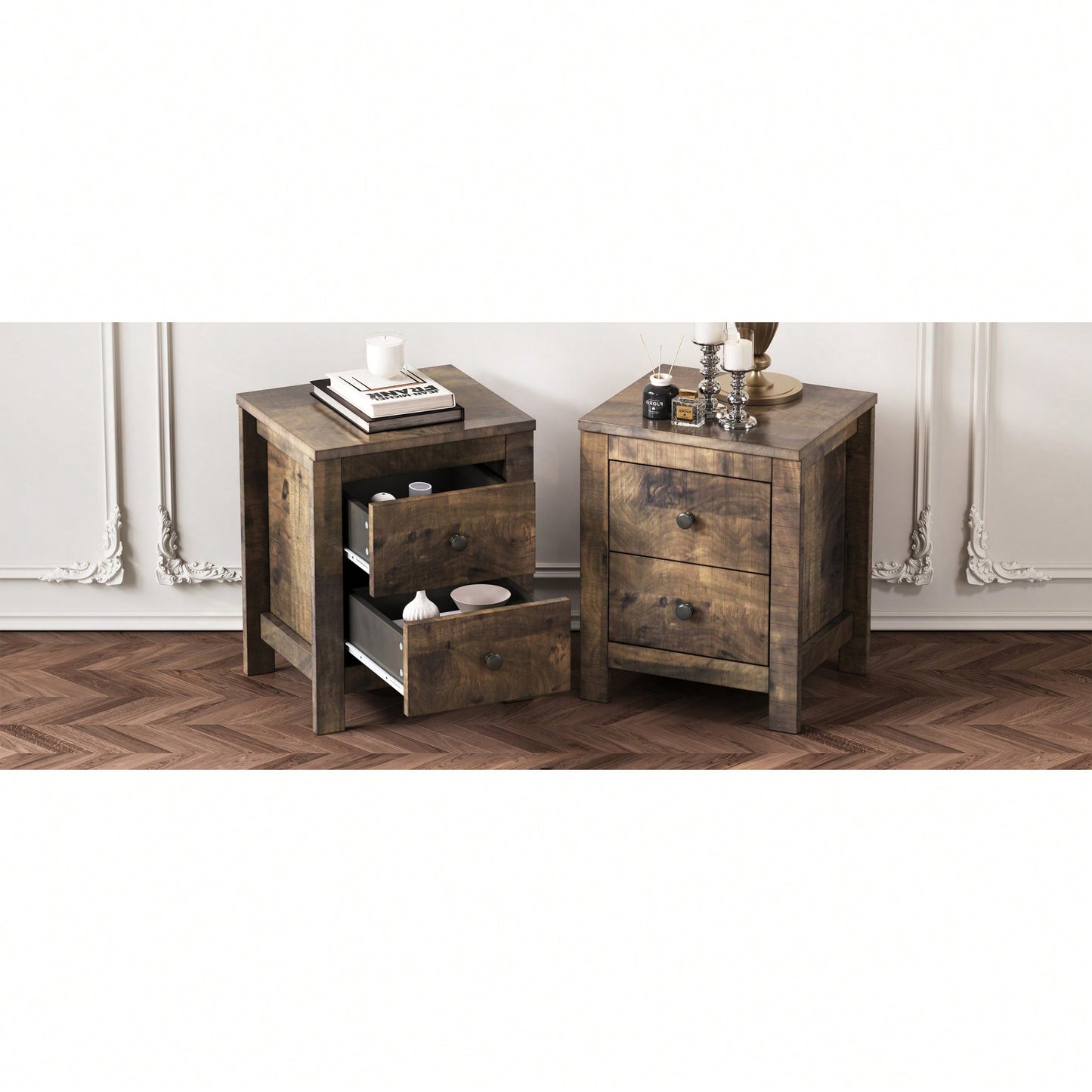 Rustic Wooden Nightstand Set Of 2 With Storage Cabinet For Bedroom Antique Walnut Finish