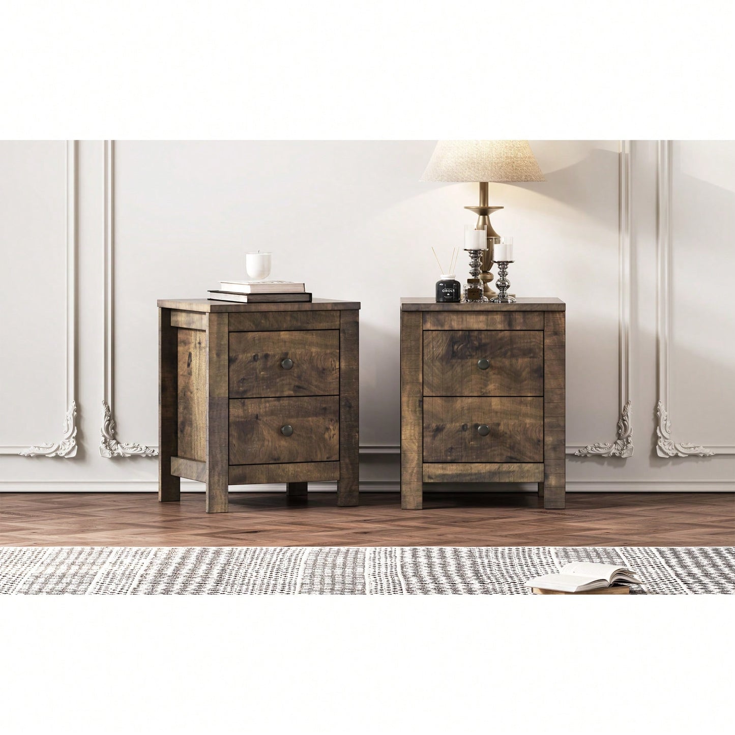 Rustic Wooden Nightstand Set Of 2 With Storage Cabinet For Bedroom Antique Walnut Finish