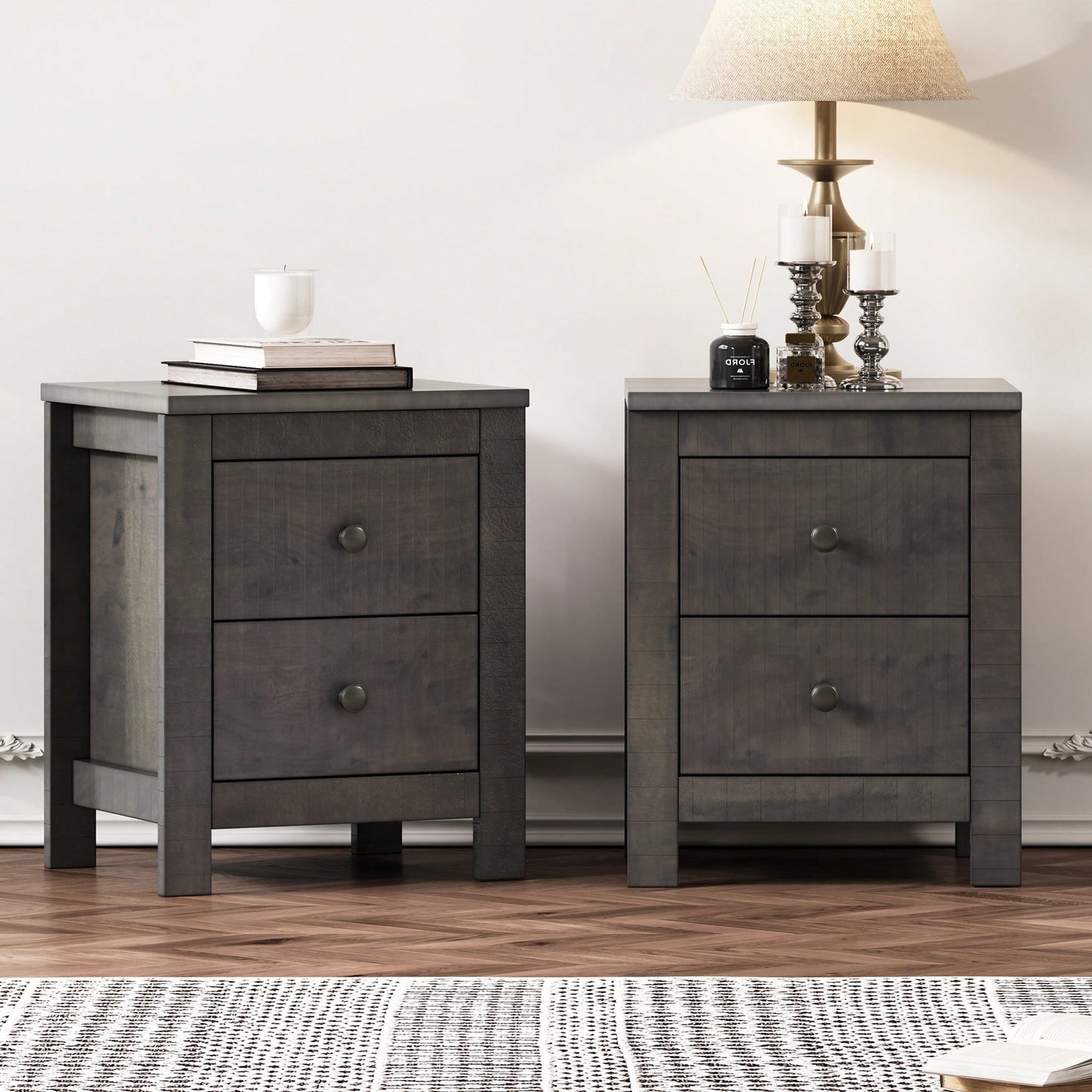 Rustic Wooden Nightstand Set Of 2 With Storage Cabinet For Bedroom Antique Walnut Finish