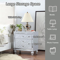 Elegant White Nightstand With Mirror Frame Accents And Hidden Drawer For Living Room Or Bedroom