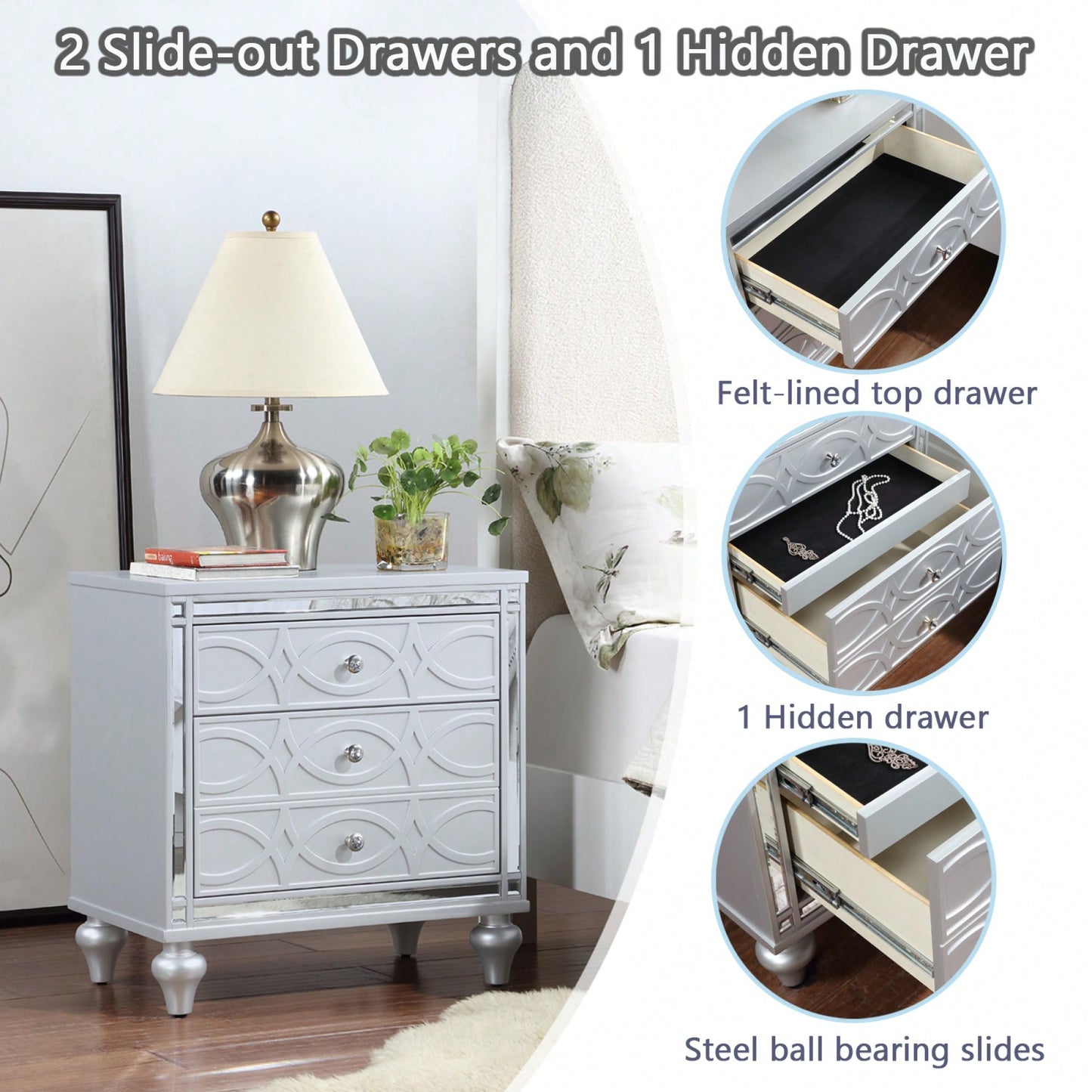 Elegant White Nightstand With Mirror Frame Accents And Hidden Drawer For Living Room Or Bedroom