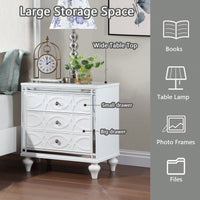 Elegant White Nightstand With Mirror Frame Accents And Hidden Drawer For Living Room Or Bedroom