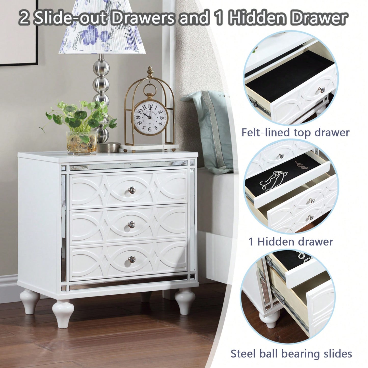 Elegant White Nightstand With Mirror Frame Accents And Hidden Drawer For Living Room Or Bedroom