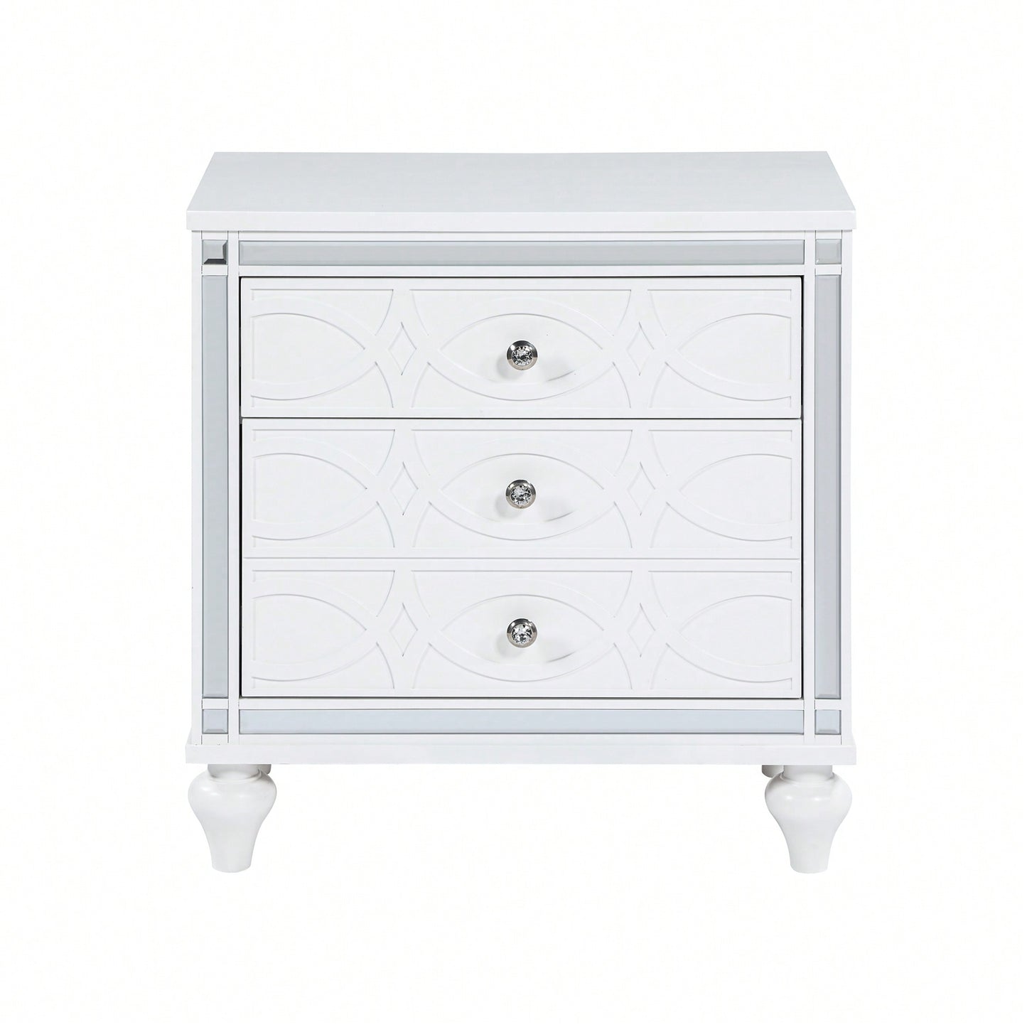 Elegant White Nightstand With Mirror Frame Accents And Hidden Drawer For Living Room Or Bedroom