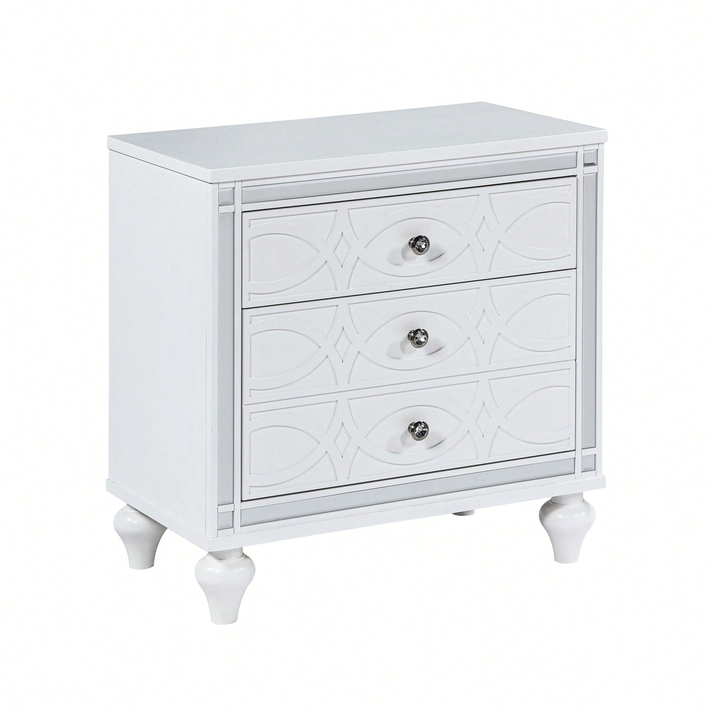 Elegant White Nightstand With Mirror Frame Accents And Hidden Drawer For Living Room Or Bedroom