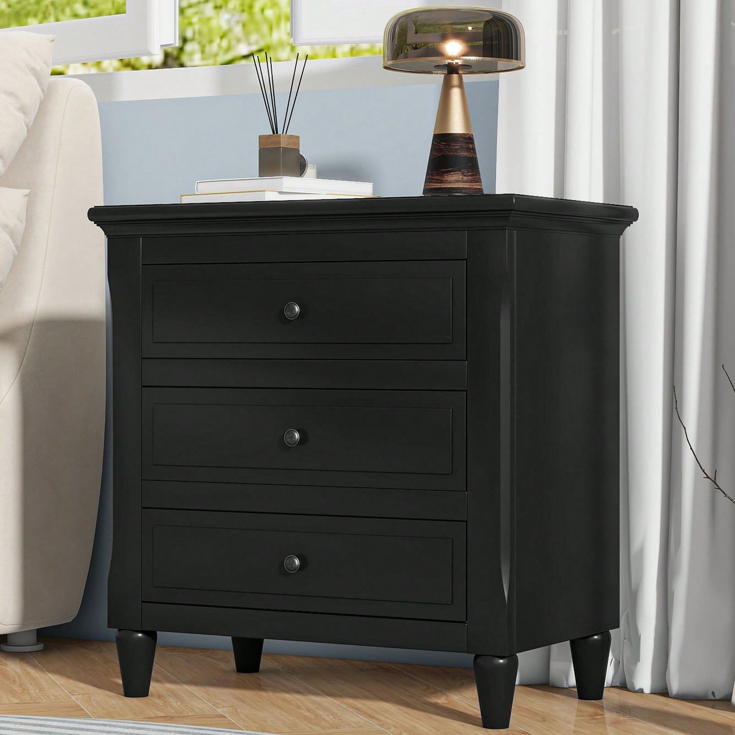 Elegant 3-Drawer Wooden Nightstand With Ample Storage Space For Bedroom Furniture