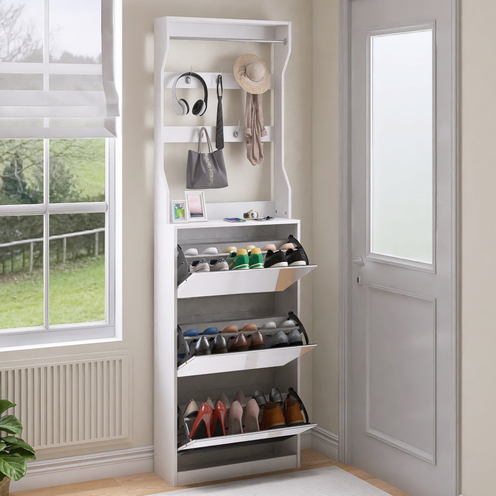 Elegant Mirror Shoe Cabinet With 3 Flip-Tier Drawers And Hooks For Organized Entryway Storage In White