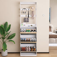 Elegant Mirror Shoe Cabinet With 3 Flip-Tier Drawers And Hooks For Organized Entryway Storage In White