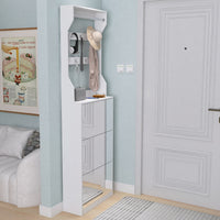 Elegant Mirror Shoe Cabinet With 3 Flip-Tier Drawers And Hooks For Organized Entryway Storage In White