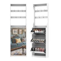 Elegant Mirror Shoe Cabinet With 3 Flip-Tier Drawers And Hooks For Organized Entryway Storage In White