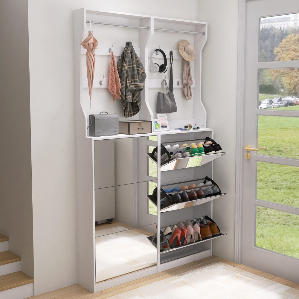 Elegant Mirror Shoe Cabinet With 3 Flip-Tier Drawers And Hooks For Organized Entryway Storage In White