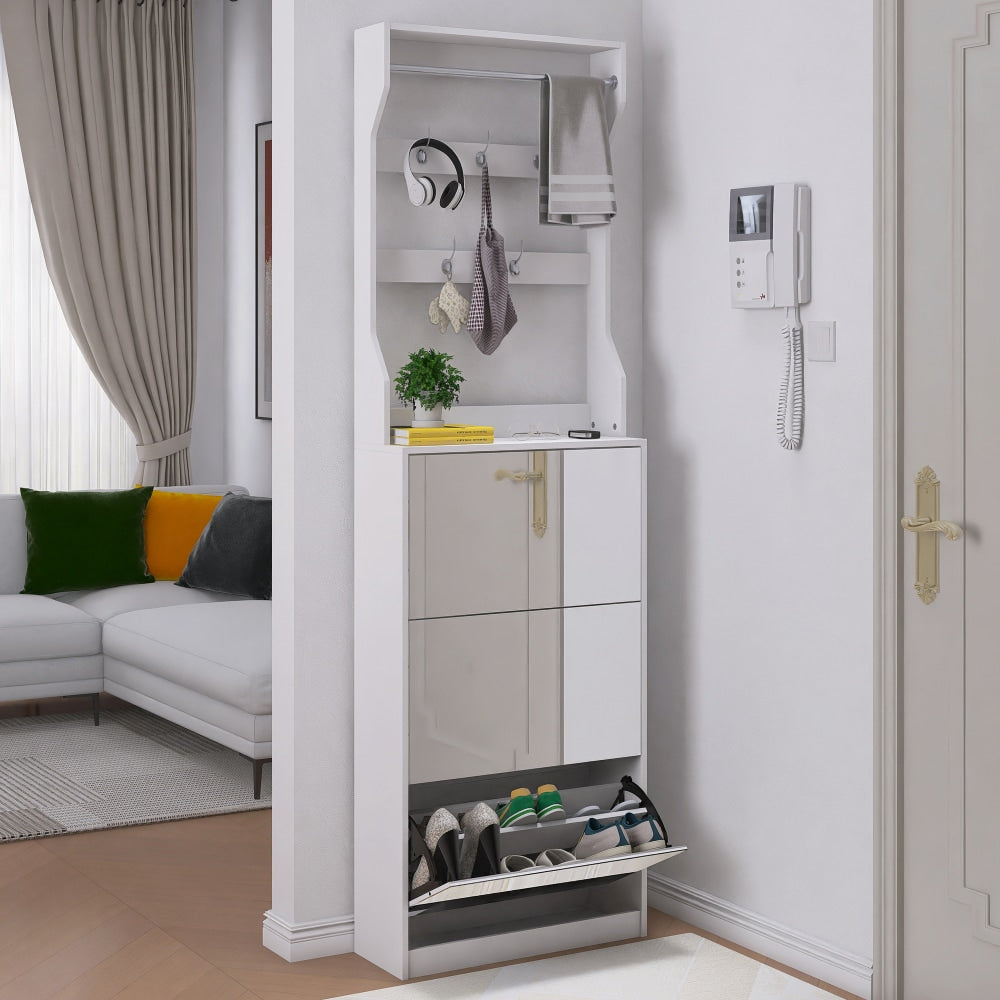 Elegant Mirror Shoe Cabinet With 3 Flip-Tier Drawers And Hooks For Organized Entryway Storage In White