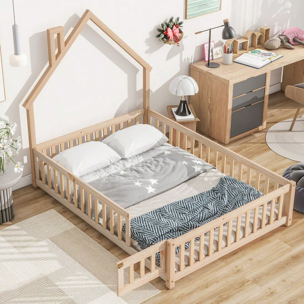 Grey Full House-Shaped Headboard Floor Bed With Safety Fence For Kids Room
