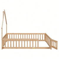 Grey Full House-Shaped Headboard Floor Bed With Safety Fence For Kids Room