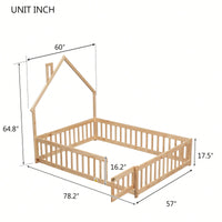 Grey Full House-Shaped Headboard Floor Bed With Safety Fence For Kids Room