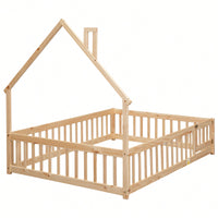 Grey Full House-Shaped Headboard Floor Bed With Safety Fence For Kids Room