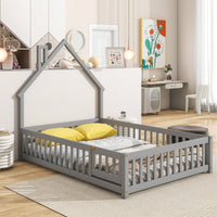 Grey Full House-Shaped Headboard Floor Bed With Safety Fence For Kids Room