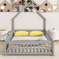 Grey Full House-Shaped Headboard Floor Bed With Safety Fence For Kids Room