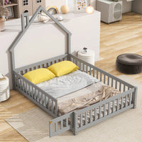 Grey Full House-Shaped Headboard Floor Bed With Safety Fence For Kids Room
