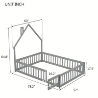 Grey Full House-Shaped Headboard Floor Bed With Safety Fence For Kids Room
