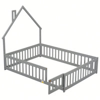 Grey Full House-Shaped Headboard Floor Bed With Safety Fence For Kids Room
