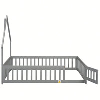 Grey Full House-Shaped Headboard Floor Bed With Safety Fence For Kids Room
