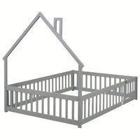 Grey Full House-Shaped Headboard Floor Bed With Safety Fence For Kids Room
