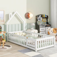 Twin House-Shaped Headboard Floor Bed With Safety Fence In White