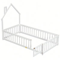 Twin House-Shaped Headboard Floor Bed With Safety Fence In White