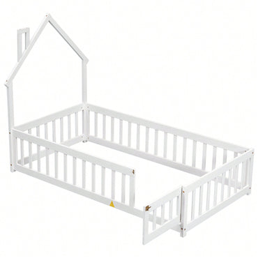 Twin House-Shaped Headboard Floor Bed With Safety Fence In White