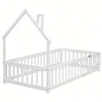Twin House-Shaped Headboard Floor Bed With Safety Fence In White