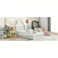 Twin House-Shaped Headboard Floor Bed With Safety Fence In White
